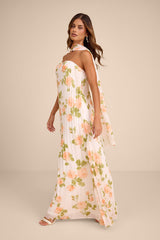 Lael White Floral Pleated Strapless Dress and Scarf Set