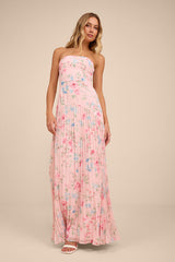 Celebratory Aesthetic Pink Floral Pleated Strapless Maxi Dress