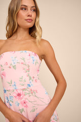 Celebratory Aesthetic Pink Floral Pleated Strapless Maxi Dress