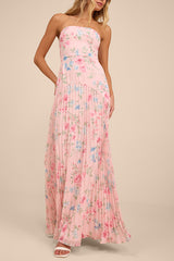 Celebratory Aesthetic Pink Floral Pleated Strapless Maxi Dress