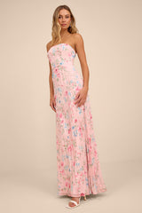 Celebratory Aesthetic Pink Floral Pleated Strapless Maxi Dress