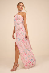 Adeline Light Pink Floral One-Shoulder Scarf Maxi Dress