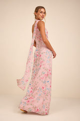 Adeline Light Pink Floral One-Shoulder Scarf Maxi Dress