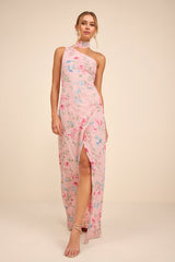 Adeline Light Pink Floral One-Shoulder Scarf Maxi Dress
