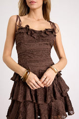 Chessica Brown Lace Tiered Tie-Strap Mini Dress