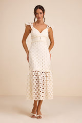 Adalyn Cream Crochet Lace Trumpet Midi Dress