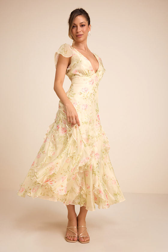 Deluca Light Green Floral Ruffled Midi Dress