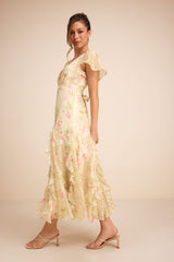 Deluca Light Green Floral Ruffled Midi Dress