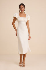 Catherine Ivory Satin Puff Sleeve Slip Midi Dress