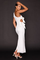 Sophie White Lace One-Shoulder Bow Column Maxi Dress