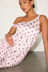 Decca Blush Polka Dot Mesh Ruched Maxi Dress