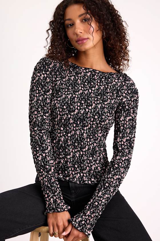 Elva Black Floral Smocked Long Sleeve Top