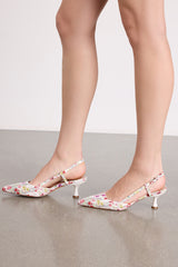 Talia White Floral Pointed-Toe Slingback Pumps