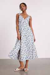 Fenley Ivory and Blue Ivory Floral Button-Front Midi Dress