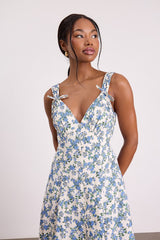 Fenley Ivory and Blue Ivory Floral Button-Front Midi Dress