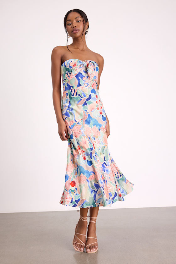 Shauna Blue Multi Floral Tie-Front Midi Dress