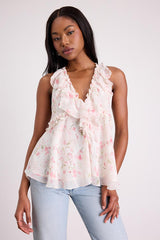 Sashi Ivory Floral Ruffled Tank Top