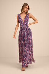 Evaluna Purple Abstract Print Lurex Pleated Maxi Dress
