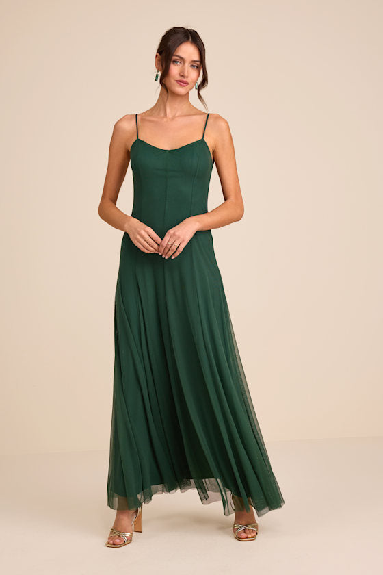 Atori Dark Green Mesh Sleeveless Maxi Dress
