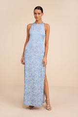 Lamila Light Blue Floral Satin Column Maxi Dress