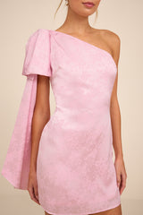 Jayda Light Pink Satin Jacquard One-Shoulder Sash Mini Dress