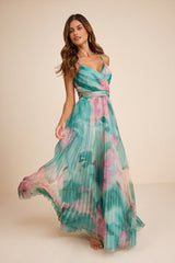 Estelle Teal Blue Floral Pleated Cutout Maxi Dress