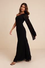 Elizabeth Black One-Shoulder Bell Sleeve Maxi Dress