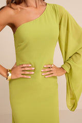 Elizabeth Lime Green One-Shoulder Bell Sleeve Maxi Dress