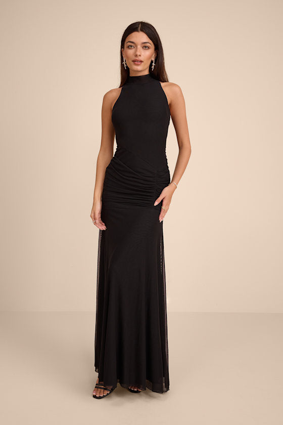 Alma Black Mesh Mock Neck Ruched Maxi Dress