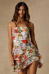 Suvi White Multi Floral Strapless Tiered Asymmetrical Mini Dress