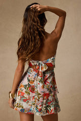 Suvi White Multi Floral Strapless Tiered Asymmetrical Mini Dress