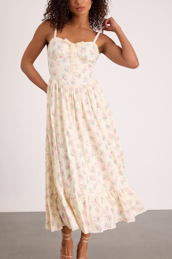 Odilie Pale Yellow Floral Lace Sleeveless Midi Dress