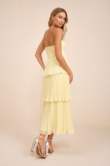 Seriously Sensational Light Yellow Strapless Tiered Midi Dress