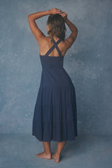 See the City Blue Button-Front Tiered Midi Dress