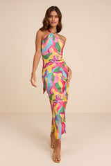 Glowing Presence Yellow Multi Abstract Satin Halter Maxi Dress
