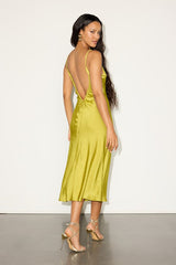 Katrien Chartreuse Textured Satin Backless Midi Slip Dress