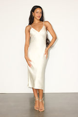 Katrien Ivory Textured Satin Backless Midi Slip Dress
