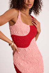 Instantly Adored Red and Pink Color Block Textured Midi Dress