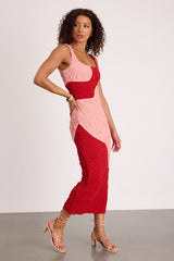 Instantly Adored Red and Pink Color Block Textured Midi Dress