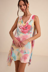 Siya Pink Multi Abstract Print Cowl Sash Mini Dress