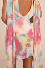 Siya Pink Multi Abstract Print Cowl Sash Mini Dress