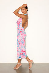 Venus Teal and Pink Floral Mesh Backless Midi Dress