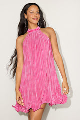 Vaivah Hot Pink Satin Plisse Mock Neck Swing Mini Dress