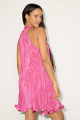 Vaivah Hot Pink Satin Plisse Mock Neck Swing Mini Dress