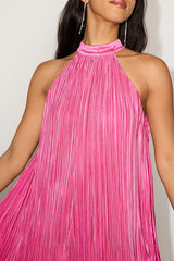 Vaivah Hot Pink Satin Plisse Mock Neck Swing Mini Dress