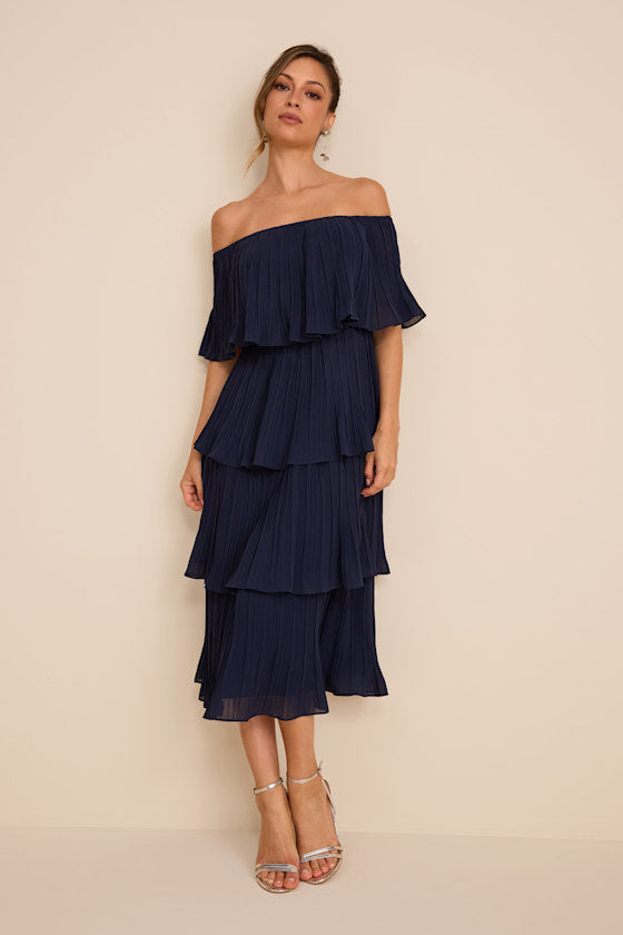 Gala Ready Navy Blue Off-the-Shoulder Ruffle Midi Dress