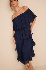 Gala Ready Navy Blue Off-the-Shoulder Ruffle Midi Dress