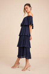 Gala Ready Navy Blue Off-the-Shoulder Ruffle Midi Dress