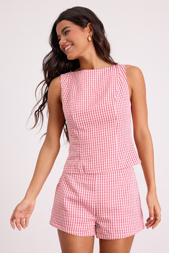 Harmony Pink Gingham Tie-Back Tank Top