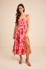 Sweet Like Sangria Pink Floral Ruffled Bustier Midi Dress